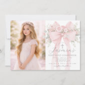 First Holy Communion Blush Pink Bow Photo Einladung (Vorderseite)