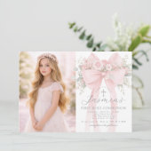 First Holy Communion Blush Pink Bow Photo Einladung (Stehend Vorderseite)