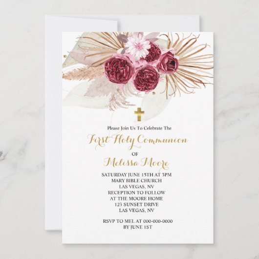 First Holy Communion Boho Burgundy Pampas Grass Einladung (Vorderseite)