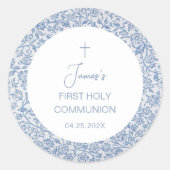 First Holy Communion Boy Blue White Floral Pattern Runder Aufkleber (Vorderseite)