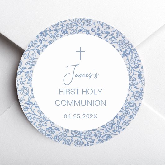 First Holy Communion Boy Blue White Floral Pattern Runder Aufkleber