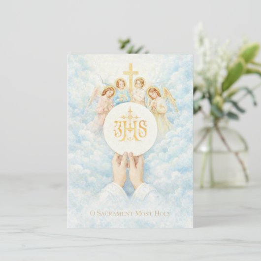 First Holy Communion Catholic Priest Host Angels Einladung (Stehend Vorderseite)