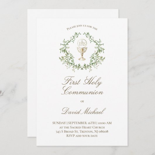 First Holy Communion chalice greenery crest Einladung (Vorne/Hinten)