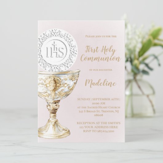  First Holy Communion Chalice Host Einladung (Stehend Vorderseite)