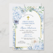 First Holy Communion Dusty Blue Floral Einladung (Vorderseite)