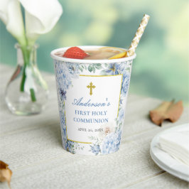 First Holy Communion Dusty Blue Floral Pappbecher