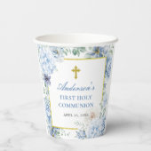 First Holy Communion Dusty Blue Floral Pappbecher (Rückseite)