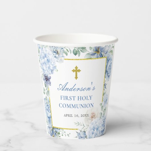 First Holy Communion Dusty Blue Floral Pappbecher (Rückseite)