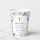 First Holy Communion Dusty Blue Floral Pappbecher (Vorderseite)