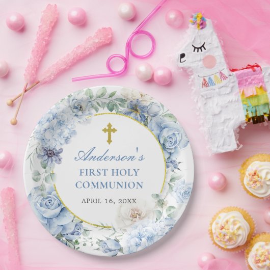First Holy Communion Dusty Blue Floral Pappteller (Party)