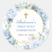 First Holy Communion Dusty Blue Floral Runder Aufkleber (Vorderseite)