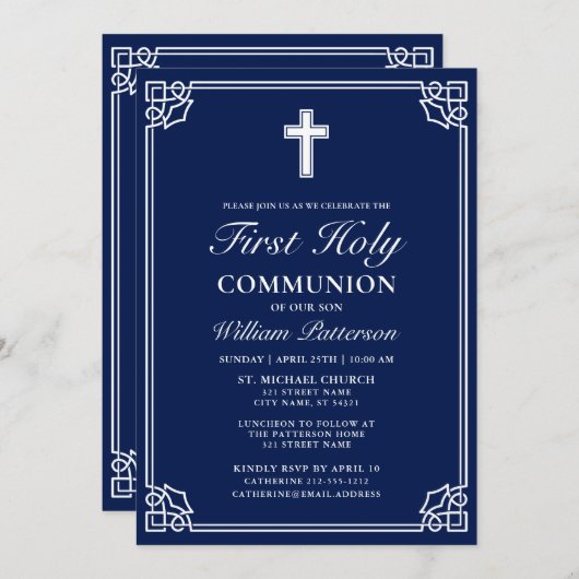 First Holy Communion Elegant Woven Frame Navy Blue Einladung (Vorne/Hinten)