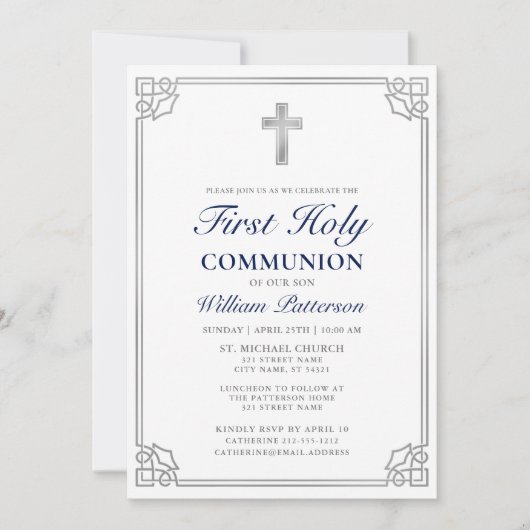 First Holy Communion Elegant Woven Silver Frame Einladung (Vorderseite)