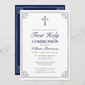 First Holy Communion Elegant Woven Silver Frame Einladung (Vorne/Hinten)