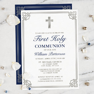 First Holy Communion Elegant Woven Silver Frame Einladung