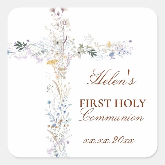 First Holy Communion floral cross Quadratischer Aufkleber (Vorderseite)
