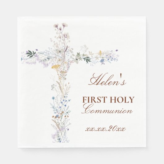 First Holy Communion floral cross Serviette (Vorderseite)