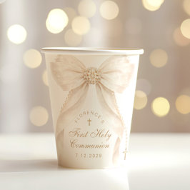 First Holy Communion Gold Cross Ivory Bow Pappbecher