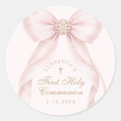 First Holy Communion Gold Cross Pink Bow Runder Aufkleber (Vorderseite)