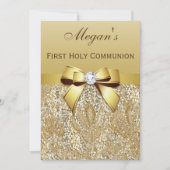 First Holy Communion Gold Sequins, Bow Diamond Einladung (Vorderseite)