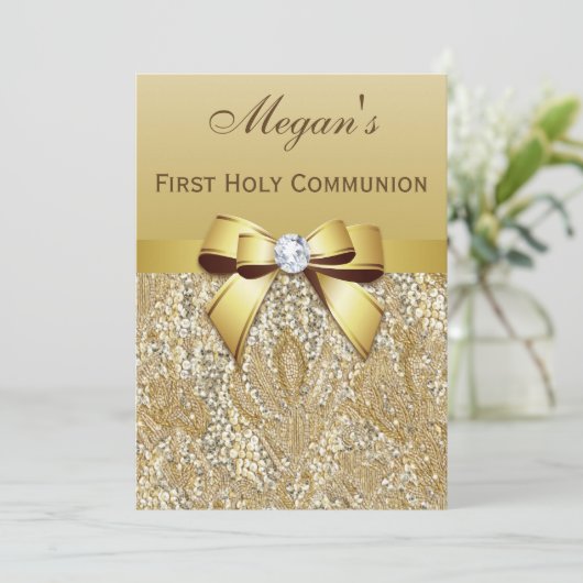 First Holy Communion Gold Sequins, Bow Diamond Einladung (Stehend Vorderseite)