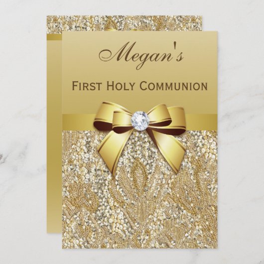 First Holy Communion Gold Sequins, Bow Diamond Einladung (Vorne/Hinten)