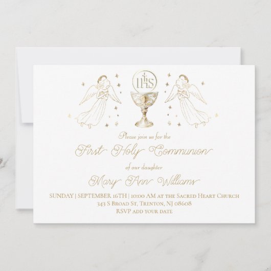 First Holy Communion golden angels Chalice Host Einladung (Vorderseite)