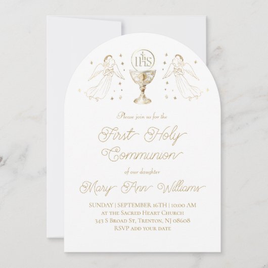 First Holy Communion golden angels Invitation Einladung (Vorderseite)