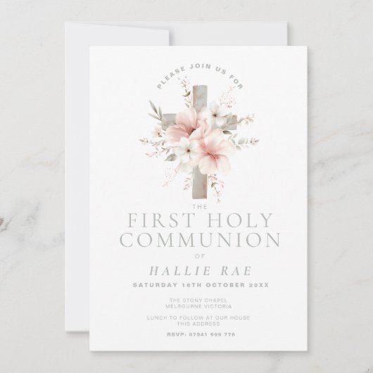 First Holy Communion Invitation, Floral Cross Einladung (Vorderseite)