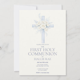 First Holy Communion Invite, Blue Floral Cross Einladung