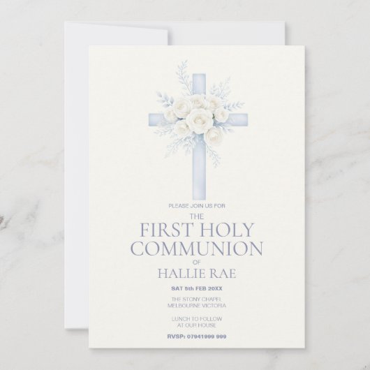 First Holy Communion Invite, Blue Floral Cross Einladung (Vorderseite)