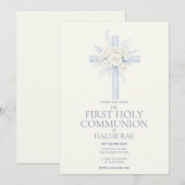 First Holy Communion Invite, Blue Floral Cross Einladung (Vorne/Hinten)