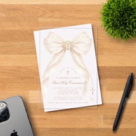 First Holy Communion Neutral Bow Pearls Gold Acryleinladungen