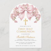 First Holy Communion Pink Bow Floral Elegant Girl Einladung (Vorderseite)