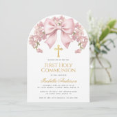 First Holy Communion Pink Bow Floral Elegant Girl Einladung (Stehend Vorderseite)