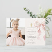 First Holy Communion Pink Bow Girl Photo Einladung (Stehend Vorderseite)