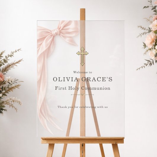 First Holy Communion Pink Bow Girl Welcome Acrylschild