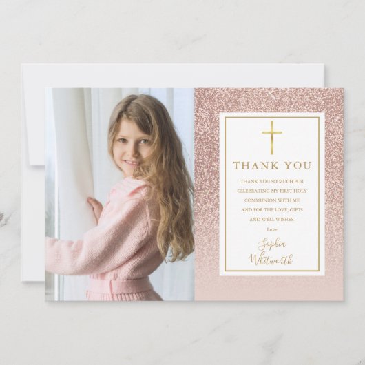 First Holy Communion Rose Gold Glitzer Foto Dankeskarte (Vorderseite)