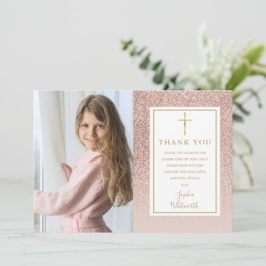 First Holy Communion Rose Gold Glitzer Foto Dankeskarte (Stehend Vorderseite)