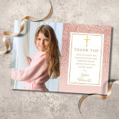 First Holy Communion Rose Gold Glitzer Foto Dankeskarte