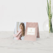 First Holy Communion Rose Gold Glitzer Foto Dankeskarte (Vorderseite)
