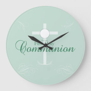 First Holy Communion, Script in Soft Green Große Wanduhr
