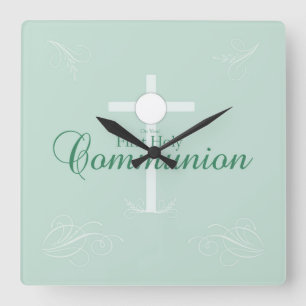 First Holy Communion, Script in Soft Green Quadratische Wanduhr