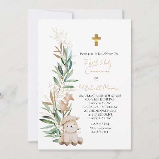 First Holy Communion Sweet Little Lamb Greenery Einladung (Vorderseite)