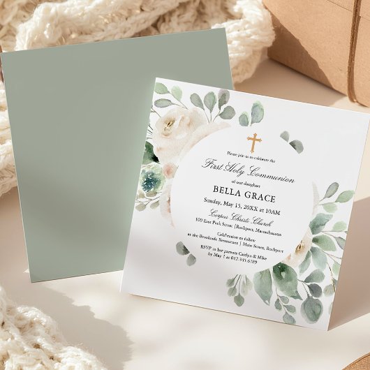 First Holy Communion White Rose Floral Square Einladung