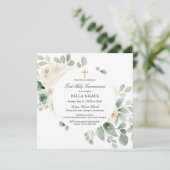 First Holy Communion White Rose Floral Square Einladung (Stehend Vorderseite)