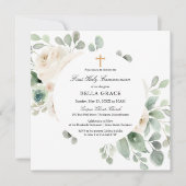 First Holy Communion White Rose Floral Square Einladung (Vorderseite)