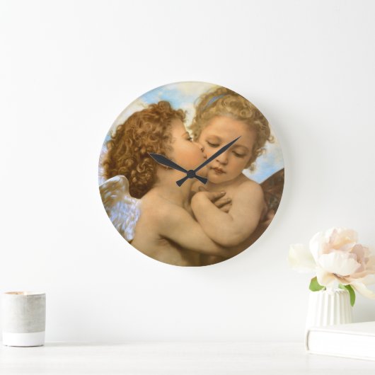 First Kiss (Engeldetails) von Bouguereau Große Wanduhr (Zuhause)
