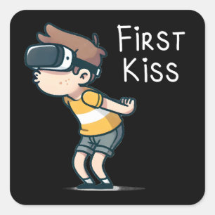 First Kiss - Funny VR Gamer Cartoon, Geeky Boy Quadratischer Aufkleber