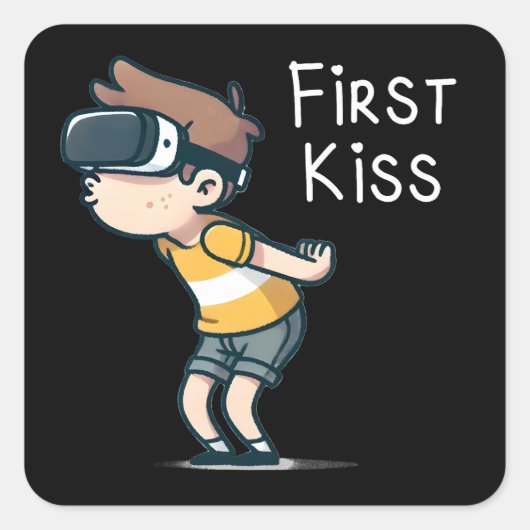 First Kiss - Funny VR Gamer Cartoon, Geeky Boy Quadratischer Aufkleber (Vorderseite)